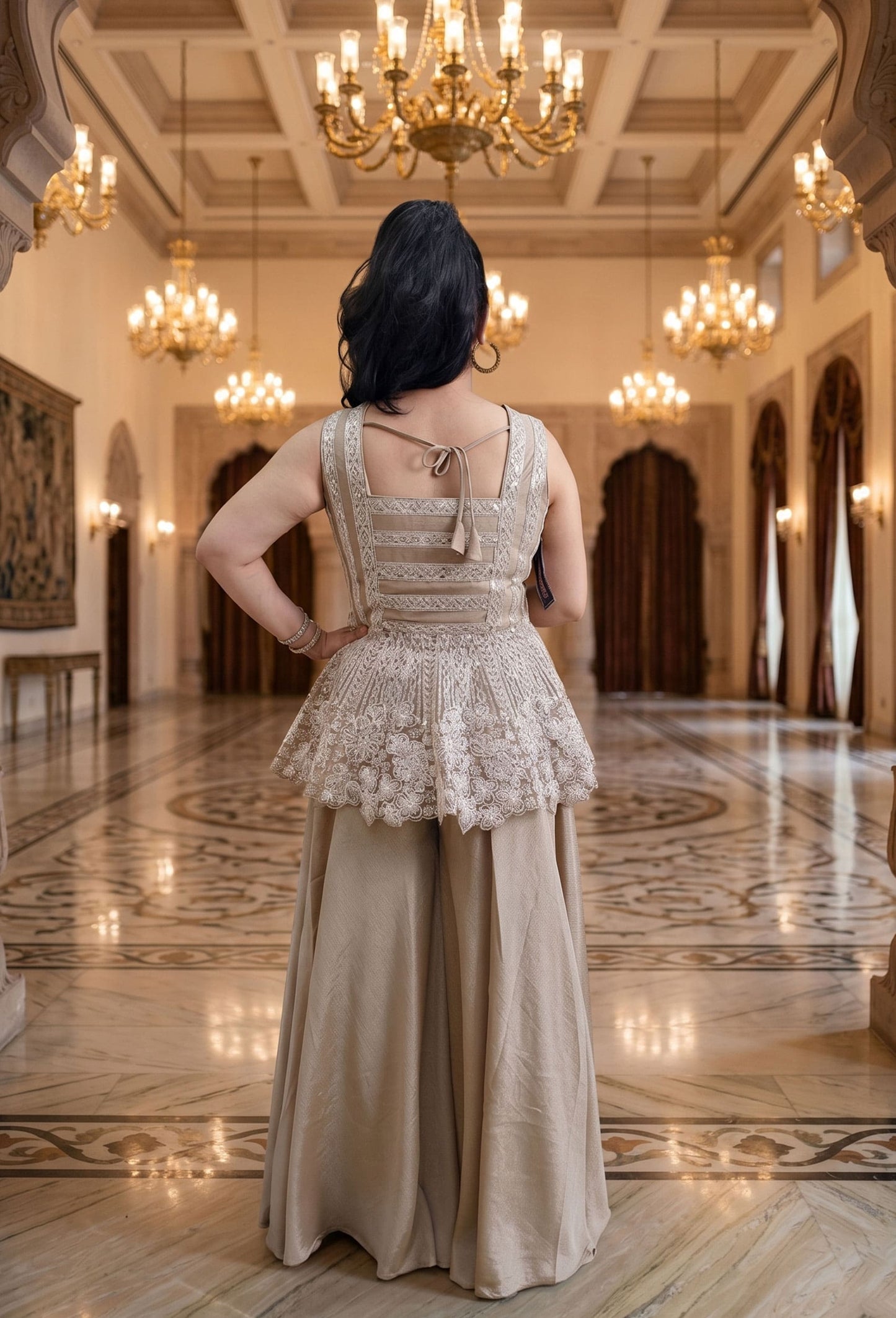 Circular Peplum Net Top and Chinnon Silk Plazo Cord Set