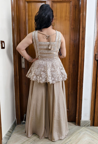 Circular Peplum Net Top and Chinnon Silk Plazo Cord Set