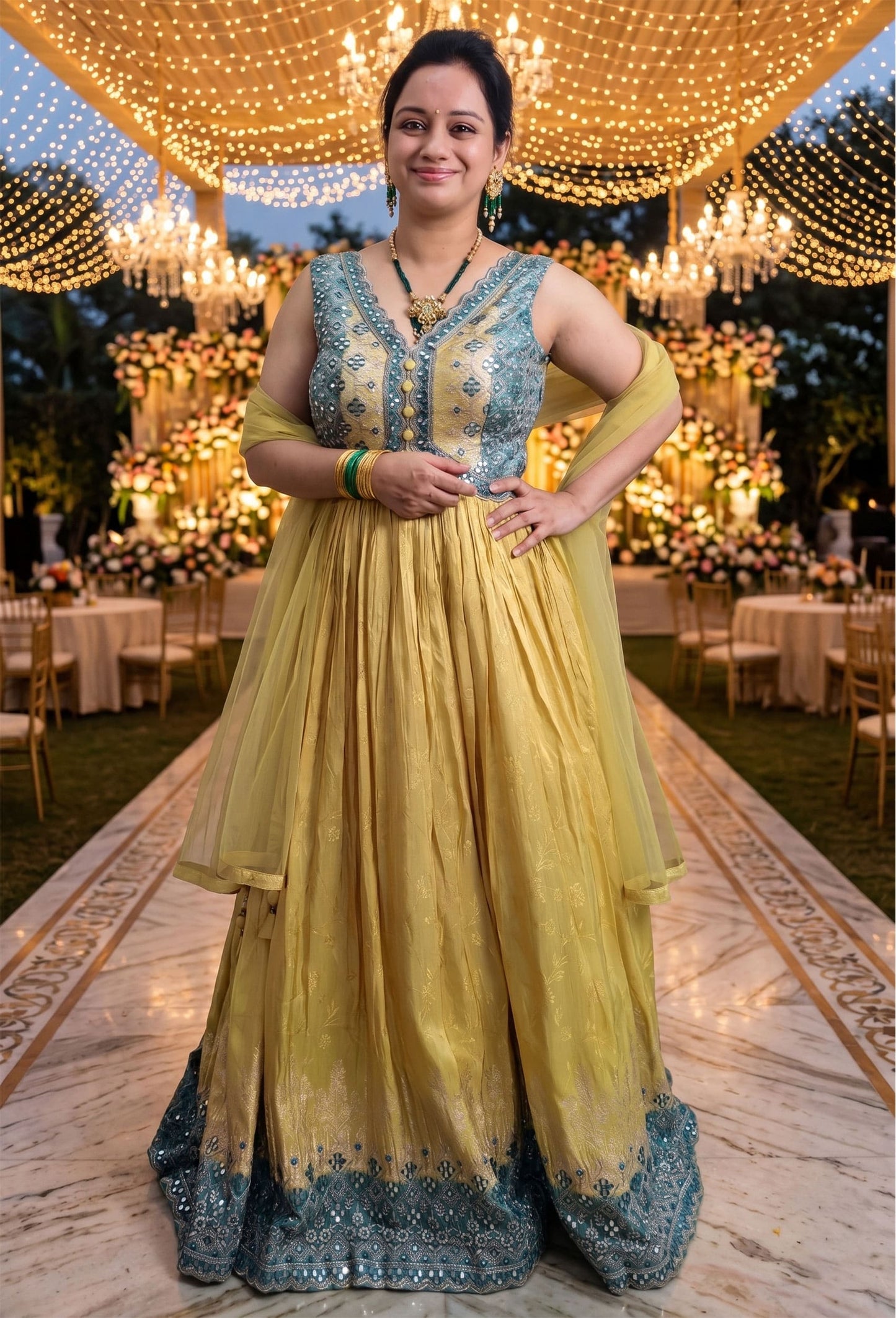 Chinnon Silk Mirror Work Anarkali Suit with Contrast Yoke Embroidery