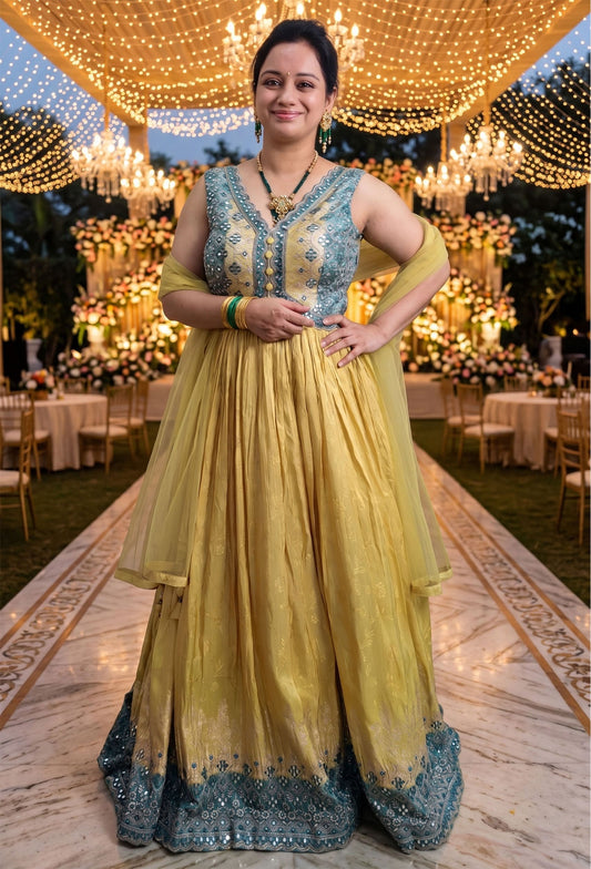 Chinnon Silk Mirror Work Anarkali Suit with Contrast Yoke Embroidery