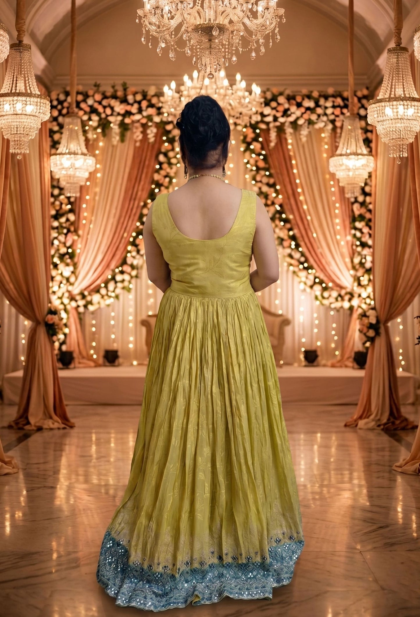 Chinnon Silk Mirror Work Anarkali Suit with Contrast Yoke Embroidery