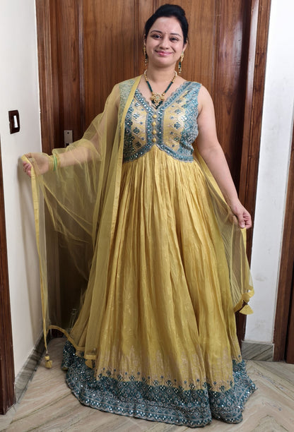 Chinnon Silk Mirror Work Anarkali Suit with Contrast Yoke Embroidery