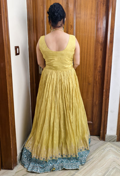 Chinnon Silk Mirror Work Anarkali Suit with Contrast Yoke Embroidery