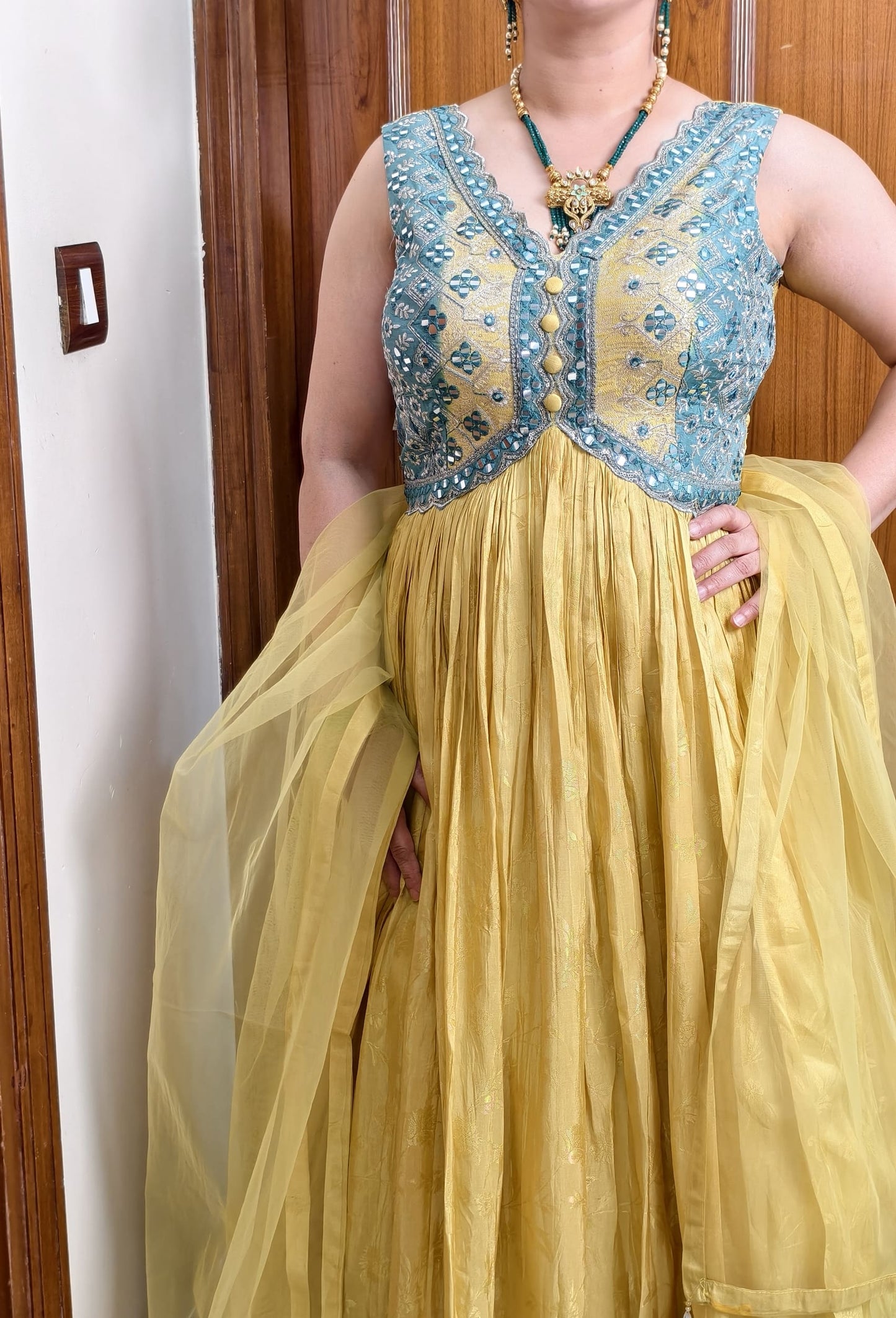 Chinnon Silk Mirror Work Anarkali Suit with Contrast Yoke Embroidery