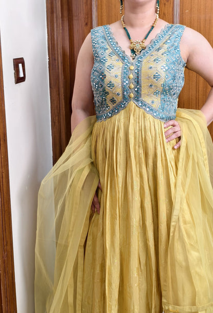 Chinnon Silk Mirror Work Anarkali Suit with Contrast Yoke Embroidery