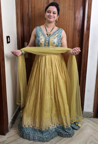 Chinnon Silk Mirror Work Anarkali Suit with Contrast Yoke Embroidery