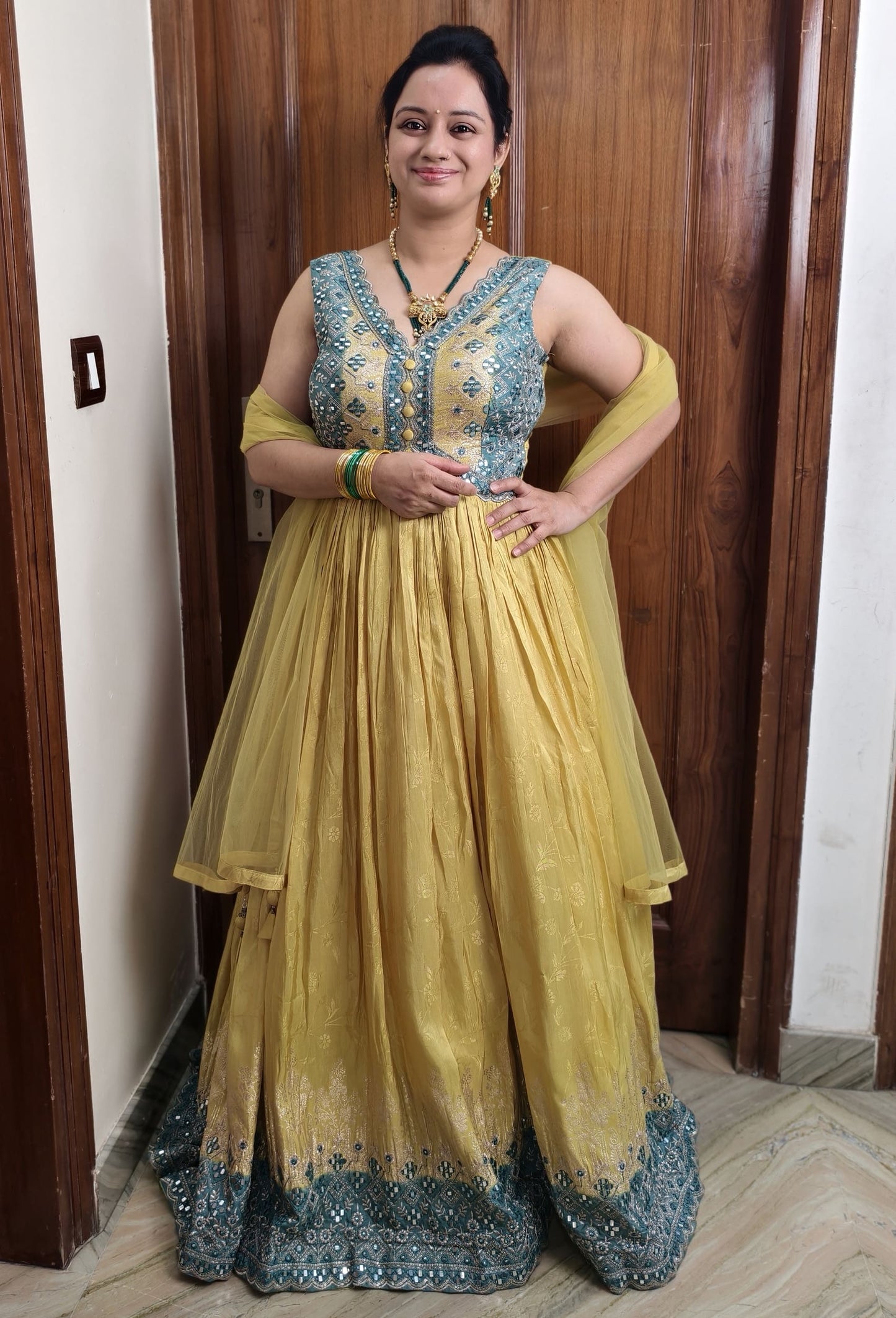 Chinnon Silk Mirror Work Anarkali Suit with Contrast Yoke Embroidery