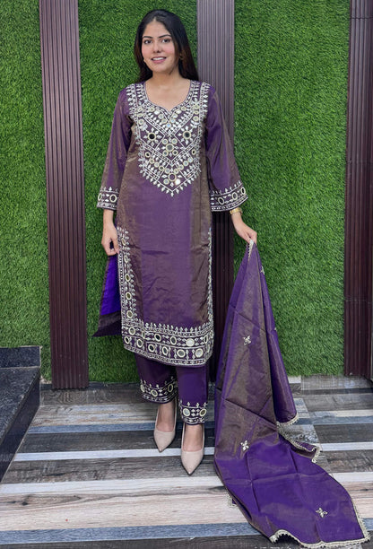 Mirror Work Embroidered Long Pakistani Suit with Trouser Pants & Embroidered Dupatta – Wine
