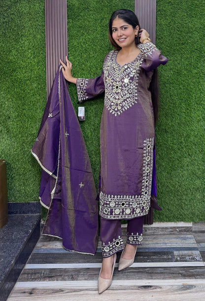 Mirror Work Embroidered Long Pakistani Suit with Trouser Pants & Embroidered Dupatta – Wine
