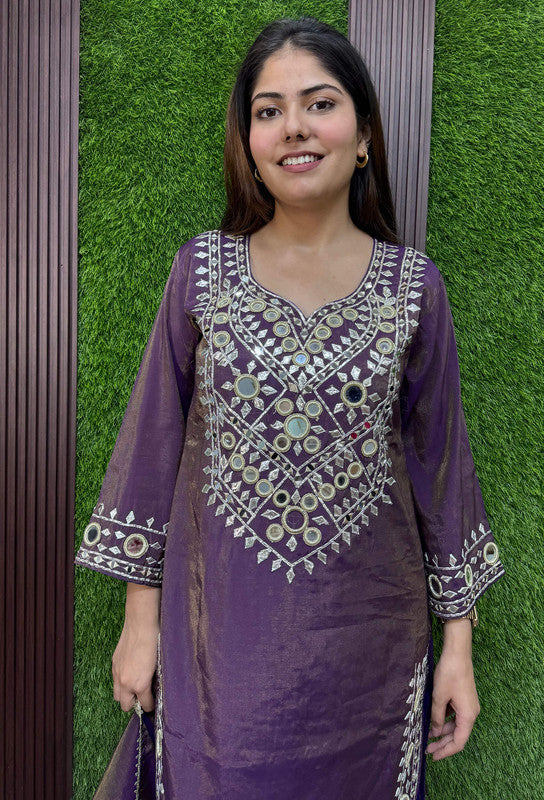 Mirror Work Embroidered Long Pakistani Suit with Trouser Pants & Embroidered Dupatta – Wine