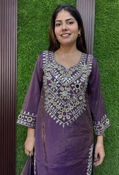 Mirror Work Embroidered Long Pakistani Suit with Trouser Pants & Embroidered Dupatta – Wine