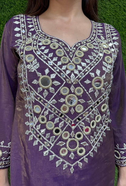 Mirror Work Embroidered Long Pakistani Suit with Trouser Pants & Embroidered Dupatta – Wine