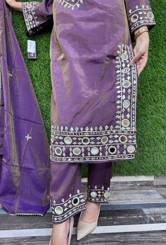 Mirror Work Embroidered Long Pakistani Suit with Trouser Pants & Embroidered Dupatta – Wine