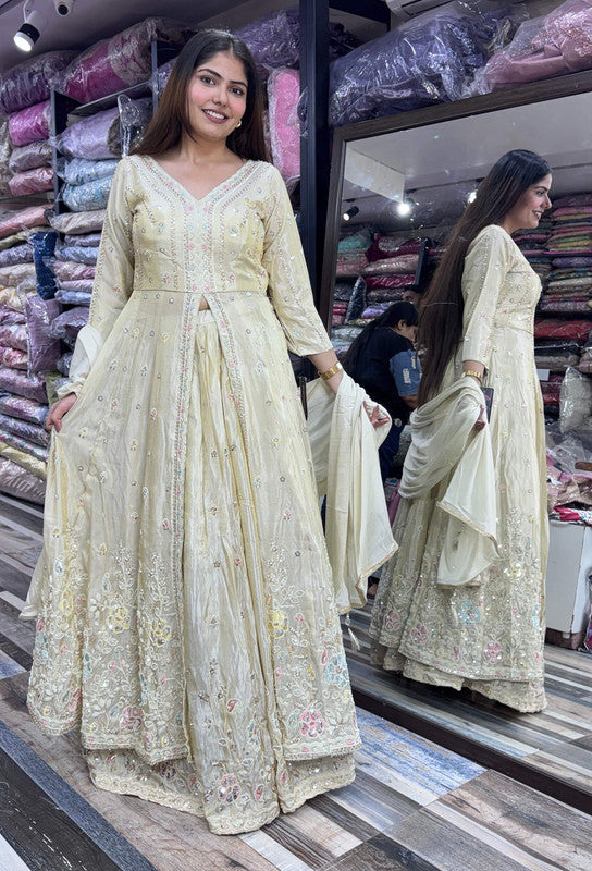 Front Cut Long Anarkali with Bead & Handwork Embroidery Skirt & Shimmer Silk Dupatta