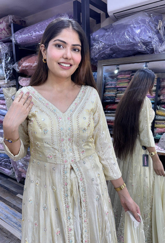 Front Cut Long Anarkali with Bead & Handwork Embroidery Skirt & Shimmer Silk Dupatta