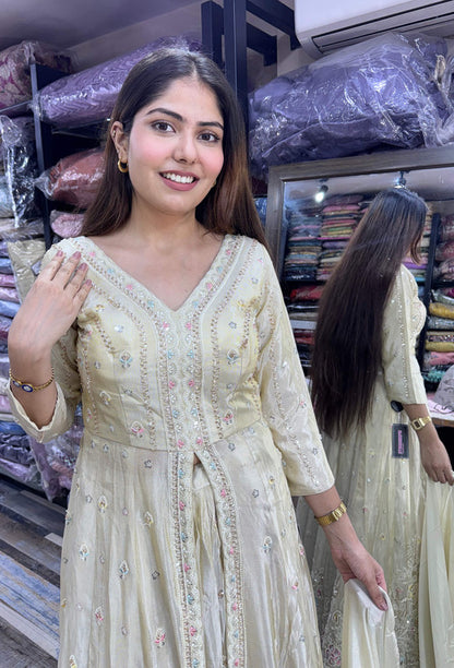 Front Cut Long Anarkali with Bead & Handwork Embroidery Skirt & Shimmer Silk Dupatta