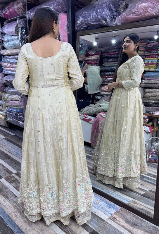 Front Cut Long Anarkali with Bead & Handwork Embroidery Skirt & Shimmer Silk Dupatta