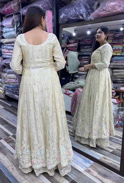 Front Cut Long Anarkali with Bead & Handwork Embroidery Skirt & Shimmer Silk Dupatta