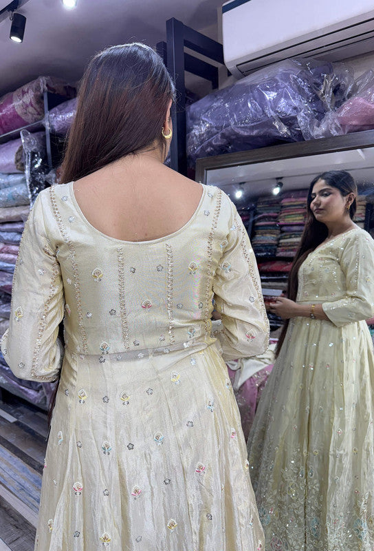Front Cut Long Anarkali with Bead & Handwork Embroidery Skirt & Shimmer Silk Dupatta