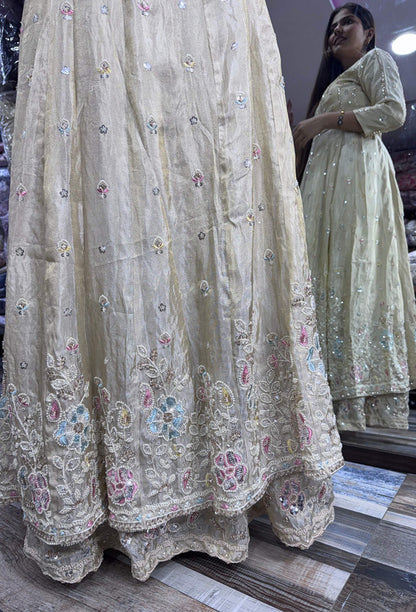 Front Cut Long Anarkali with Bead & Handwork Embroidery Skirt & Shimmer Silk Dupatta