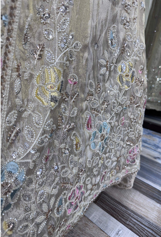 Front Cut Long Anarkali with Bead & Handwork Embroidery Skirt & Shimmer Silk Dupatta