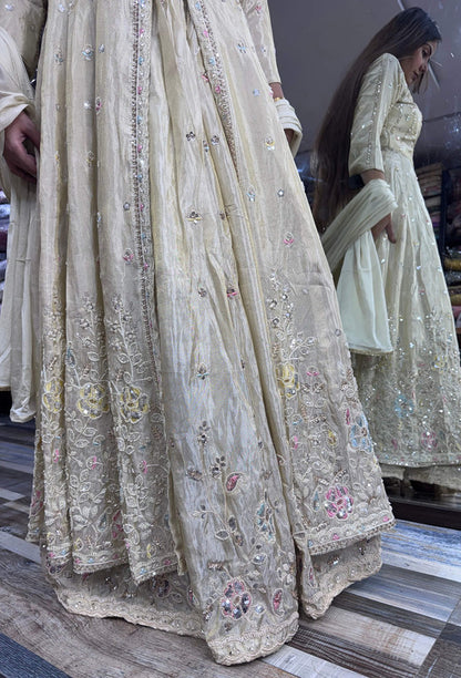 Front Cut Long Anarkali with Bead & Handwork Embroidery Skirt & Shimmer Silk Dupatta