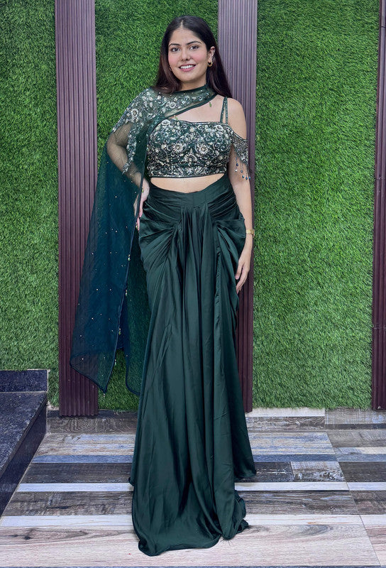 Designer Armani Satin Indo-Western Top with Cape & Cowl Skirt