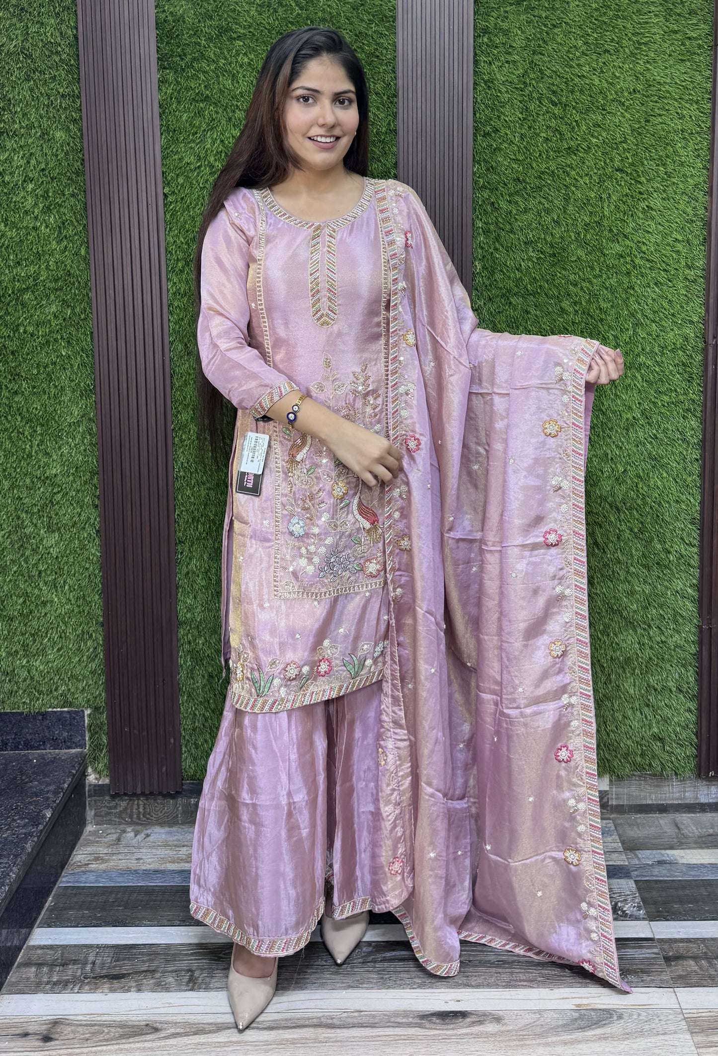 Chinnon Silk Partywear Plazo Set Suit with Peacock Bead Embroidery Dupatta