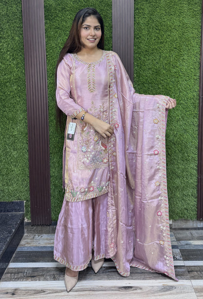 Chinnon Silk Partywear Plazo Set Suit with Peacock Bead Embroidery Dupatta