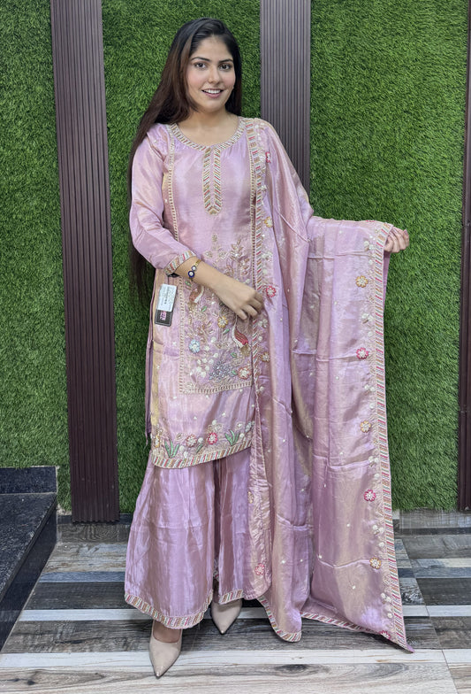 Chinnon Silk Partywear Plazo Set Suit with Peacock Bead Embroidery Dupatta