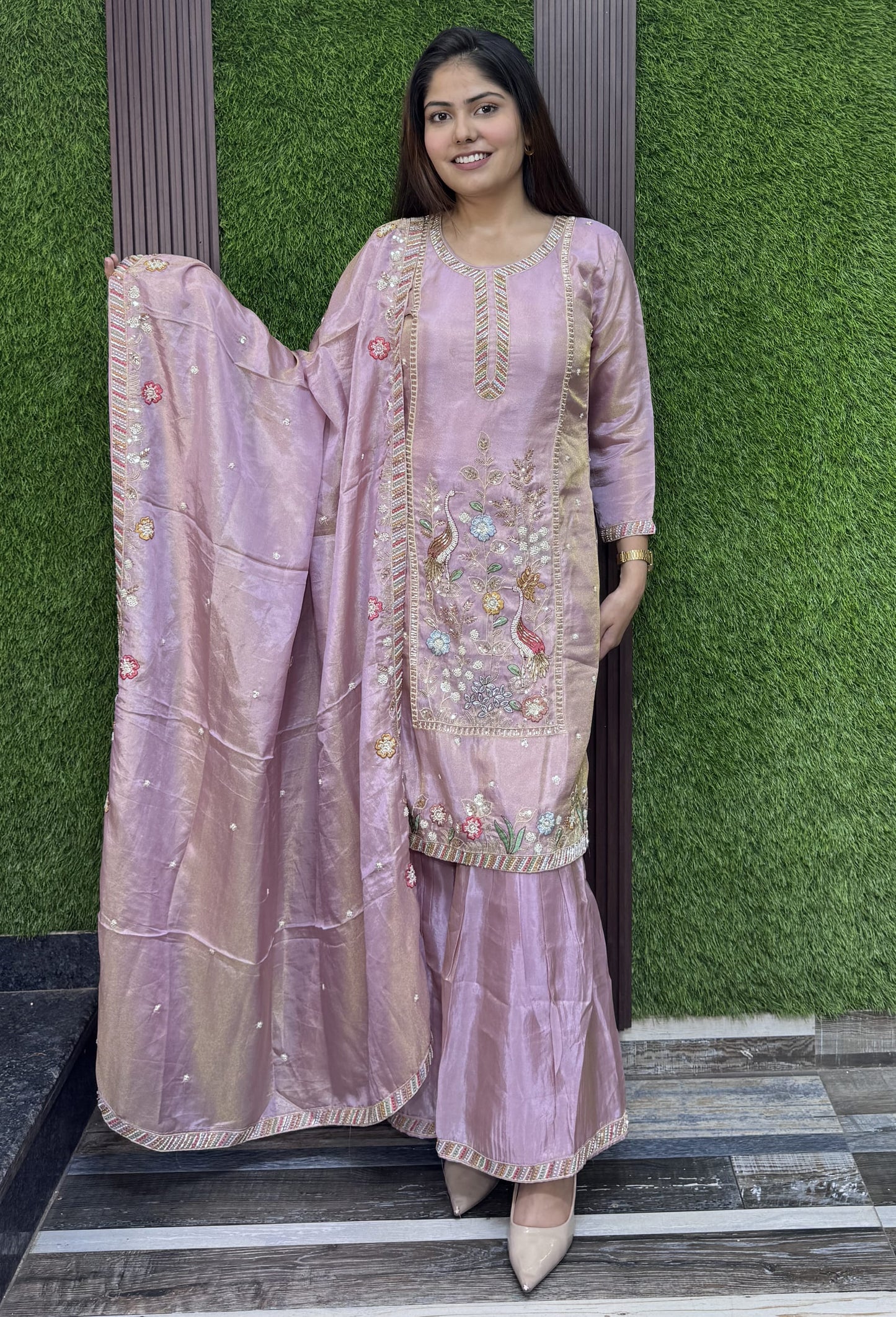 Chinnon Silk Partywear Plazo Set Suit with Peacock Bead Embroidery Dupatta
