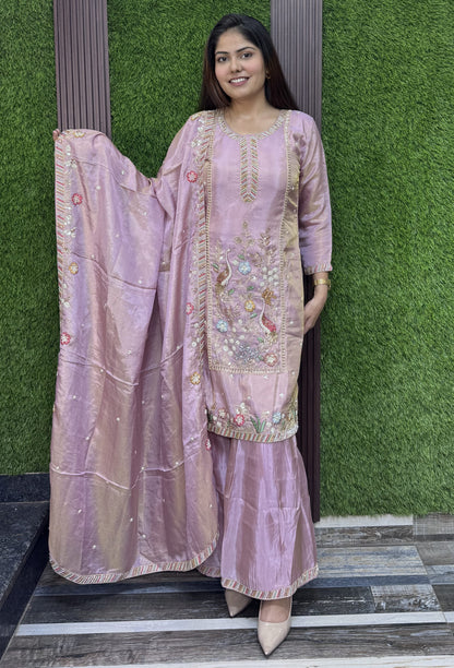 Chinnon Silk Partywear Plazo Set Suit with Peacock Bead Embroidery Dupatta