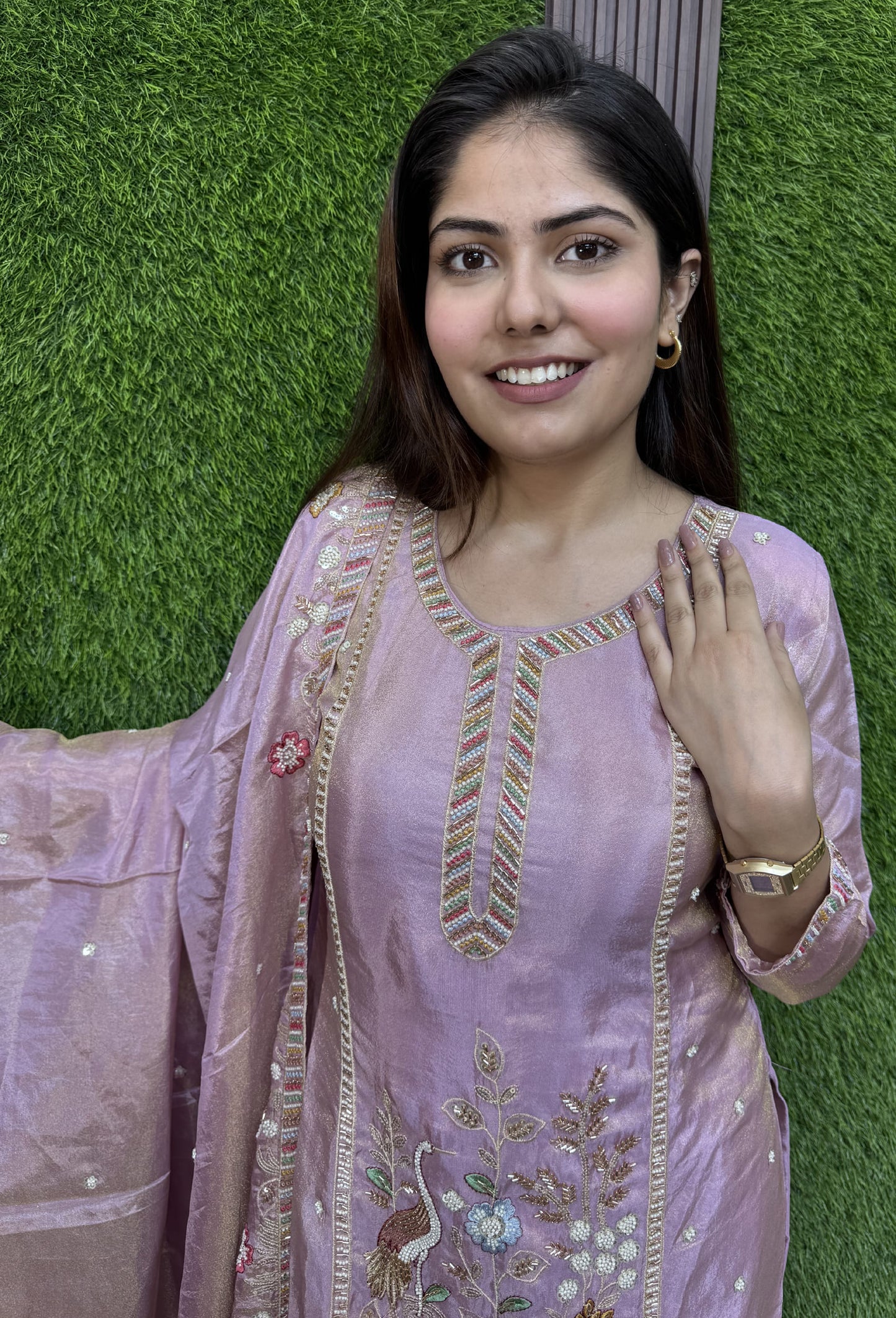 Chinnon Silk Partywear Plazo Set Suit with Peacock Bead Embroidery Dupatta