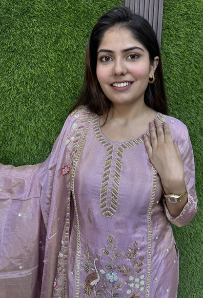 Chinnon Silk Partywear Plazo Set Suit with Peacock Bead Embroidery Dupatta