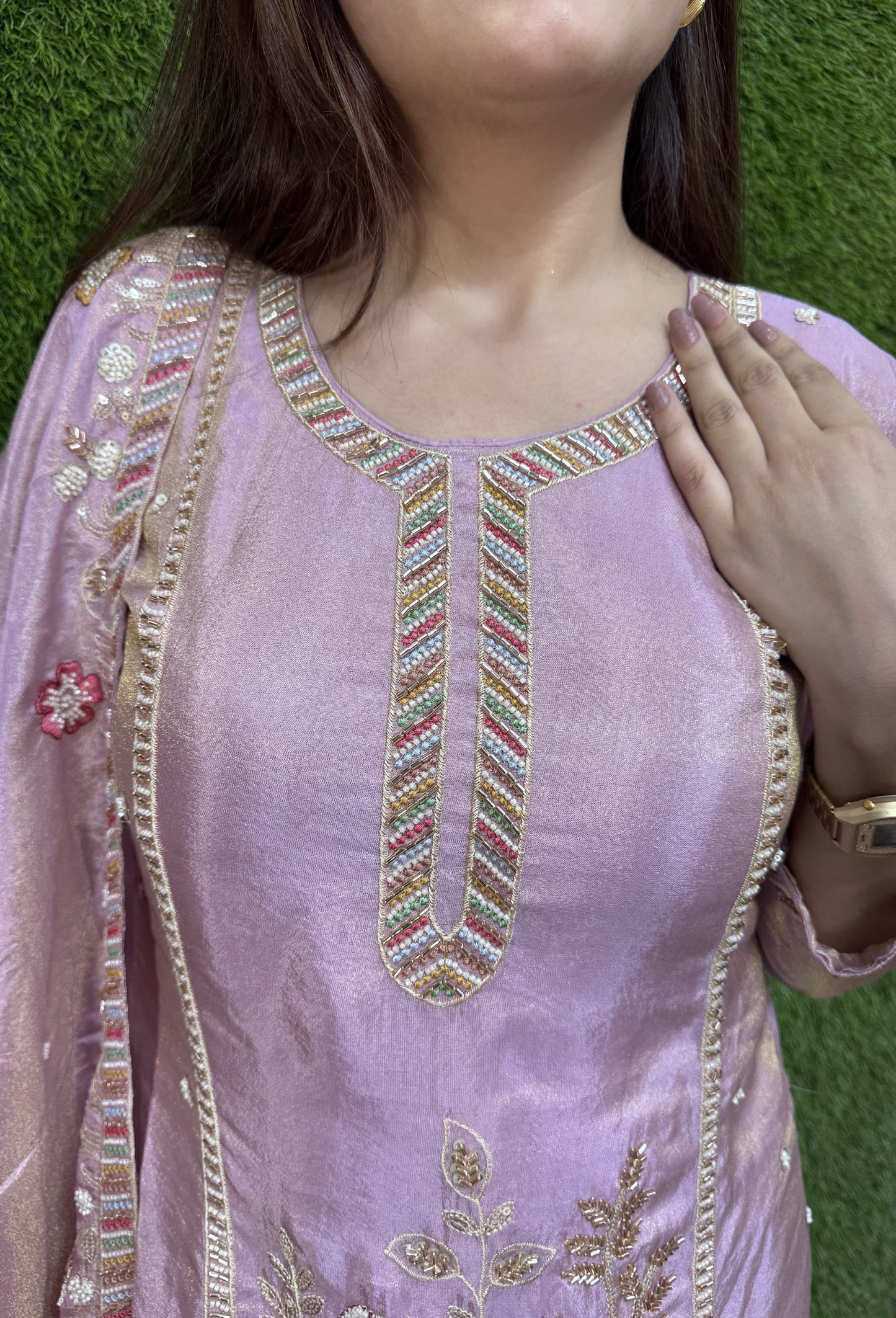Chinnon Silk Partywear Plazo Set Suit with Peacock Bead Embroidery Dupatta