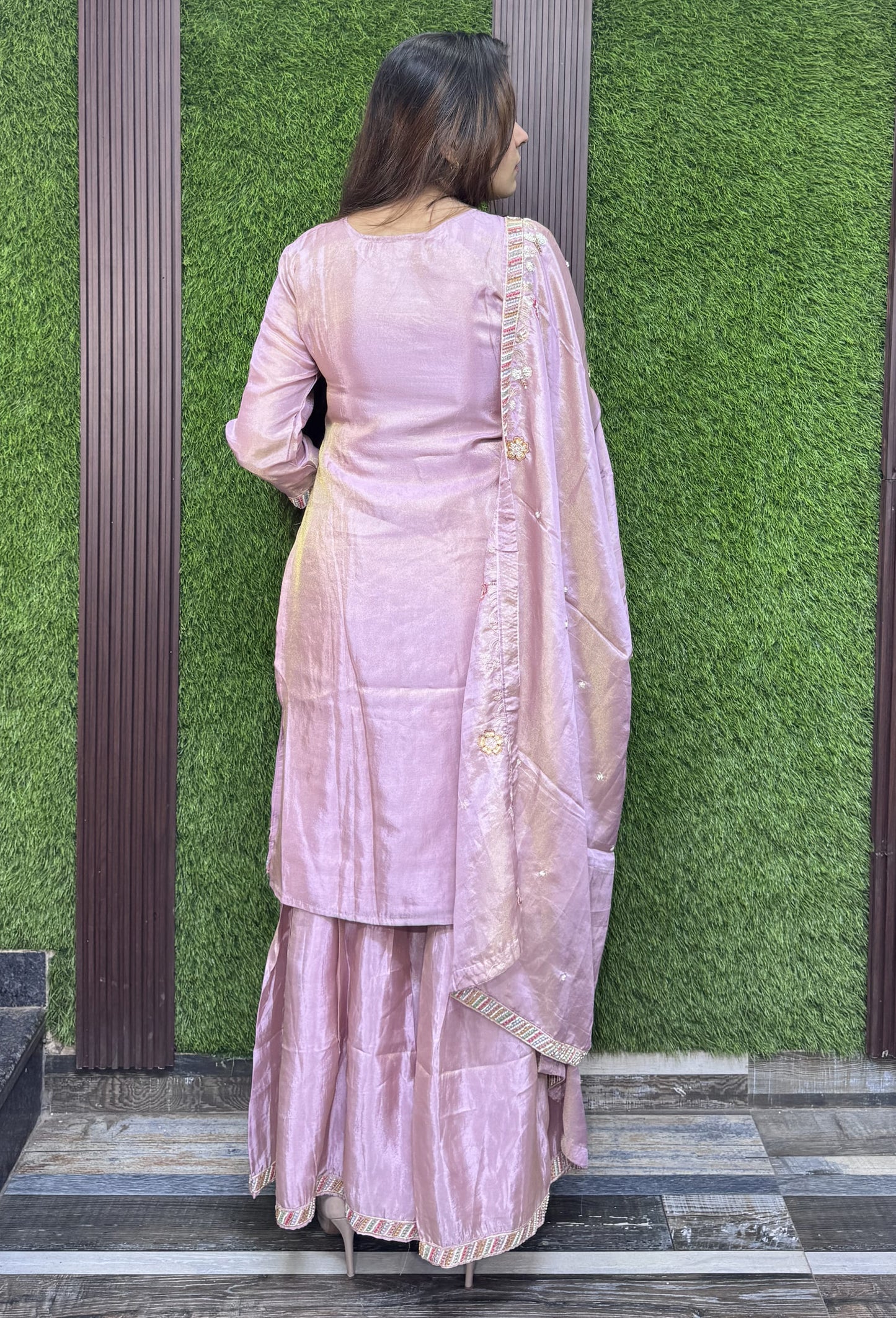Chinnon Silk Partywear Plazo Set Suit with Peacock Bead Embroidery Dupatta