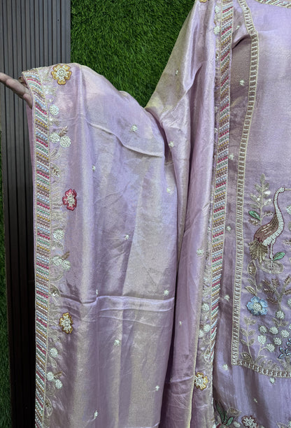 Chinnon Silk Partywear Plazo Set Suit with Peacock Bead Embroidery Dupatta