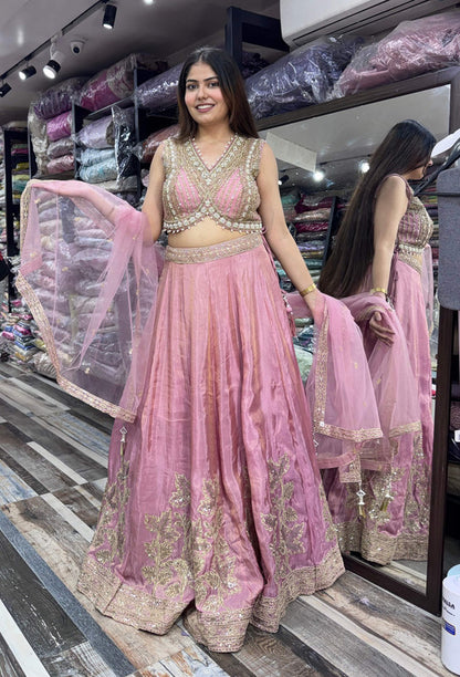 Designer Handwork Lehenga in Chinnon Silk with Backless Blouse & Embroidered Dupatta