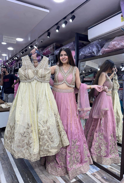Designer Handwork Lehenga in Chinnon Silk with Backless Blouse & Embroidered Dupatta