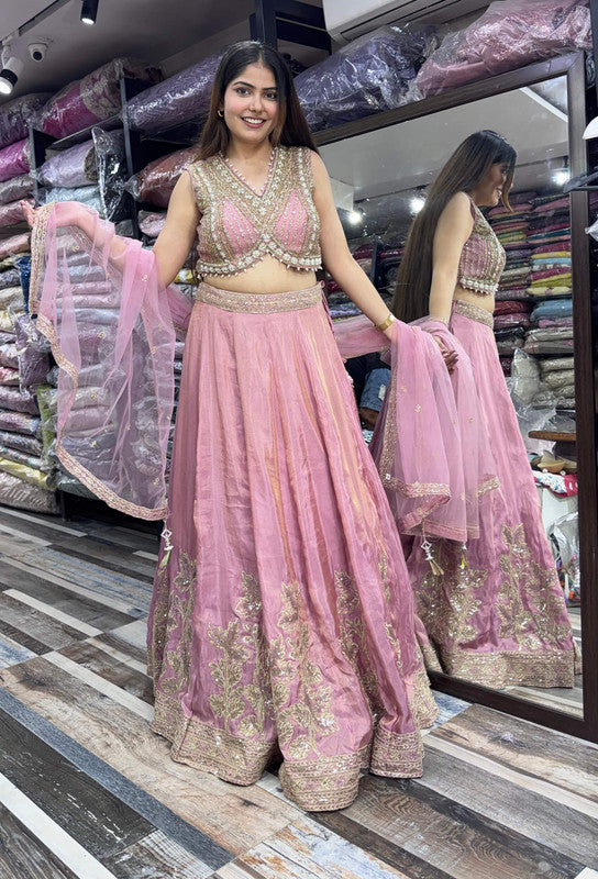 Designer Handwork Lehenga in Chinnon Silk with Backless Blouse & Embroidered Dupatta