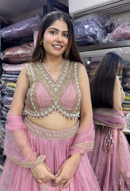 Designer Handwork Lehenga in Chinnon Silk with Backless Blouse & Embroidered Dupatta