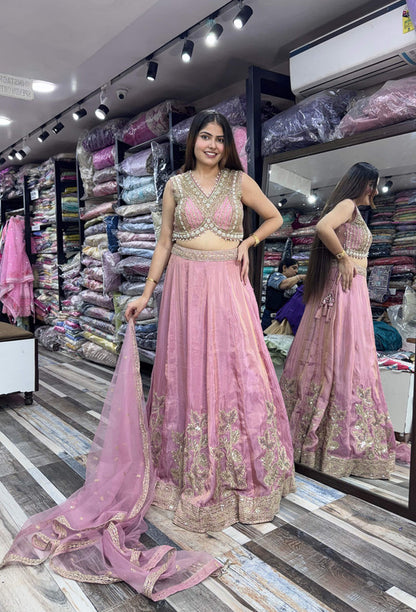 Designer Handwork Lehenga in Chinnon Silk with Backless Blouse & Embroidered Dupatta