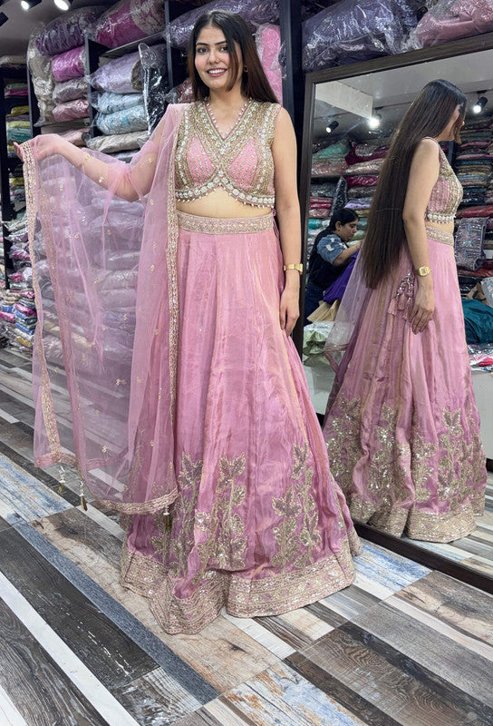 Designer Handwork Lehenga in Chinnon Silk with Backless Blouse & Embroidered Dupatta