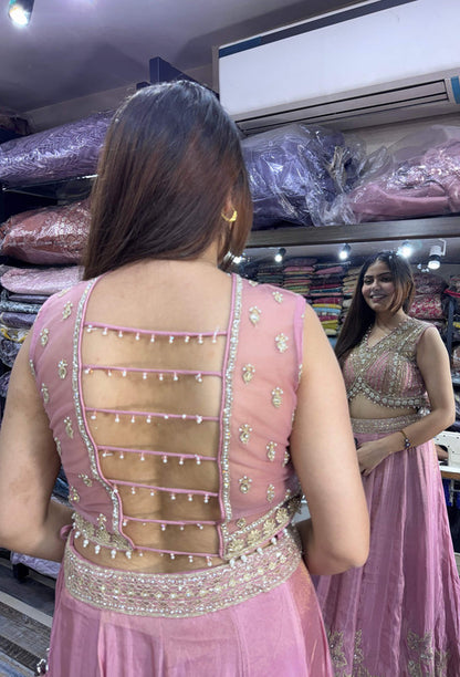 Designer Handwork Lehenga in Chinnon Silk with Backless Blouse & Embroidered Dupatta