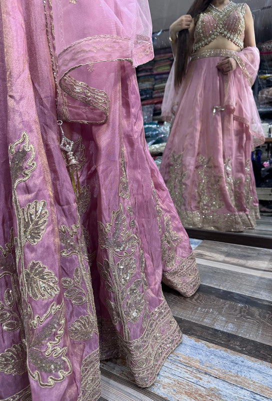 Designer Handwork Lehenga in Chinnon Silk with Backless Blouse & Embroidered Dupatta