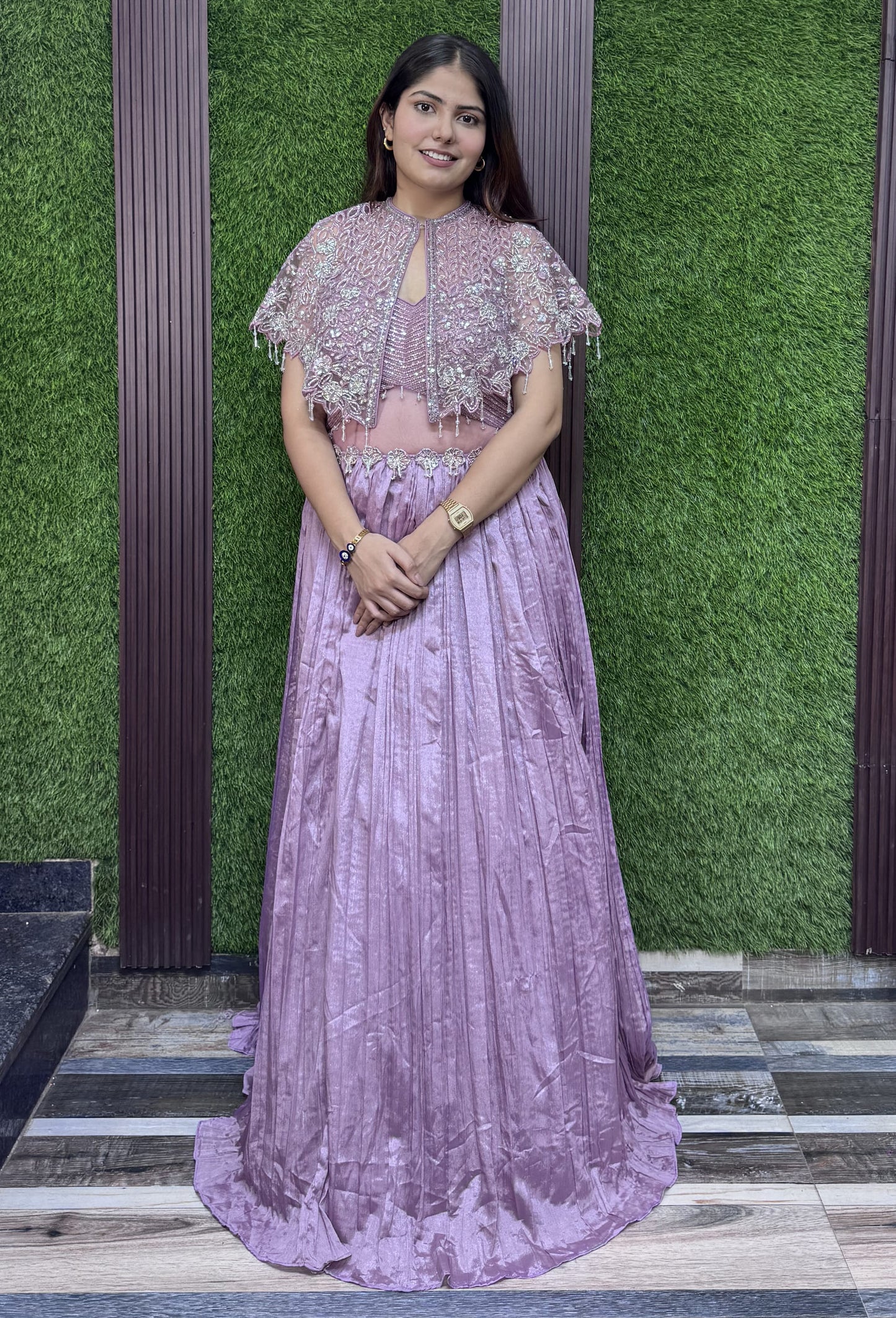 Designer Indo Western Cocktail Dress with Handwork Cape in Mauve