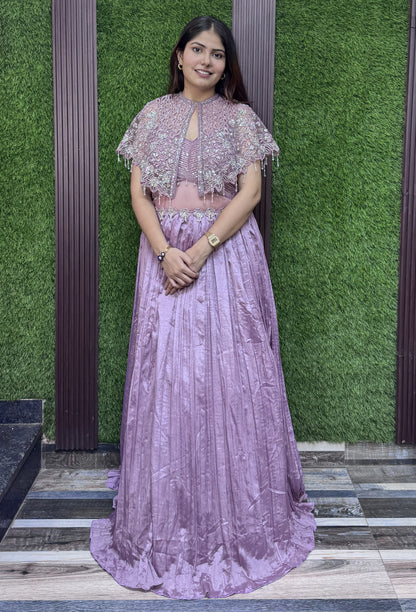 Designer Indo Western Cocktail Dress with Handwork Cape in Mauve