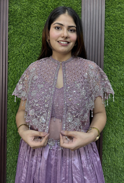 Designer Indo Western Cocktail Dress with Handwork Cape in Mauve