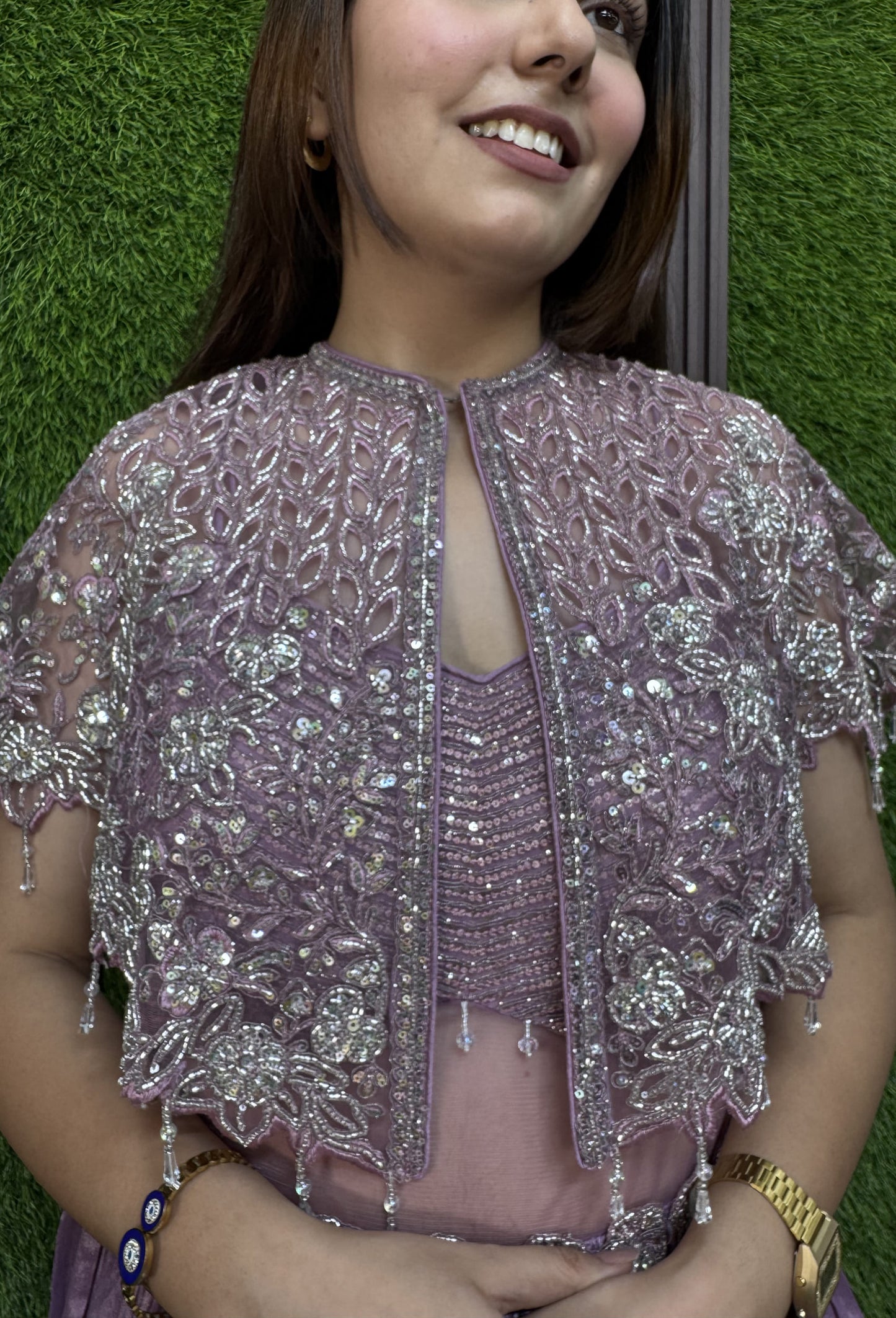 Designer Indo Western Cocktail Dress with Handwork Cape in Mauve