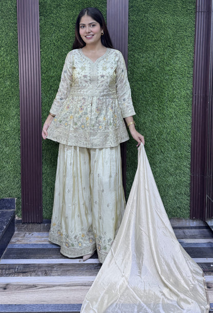 Chinnon Silk Peplum Multi Thread Embroidery Plazo Suit with Dupatta